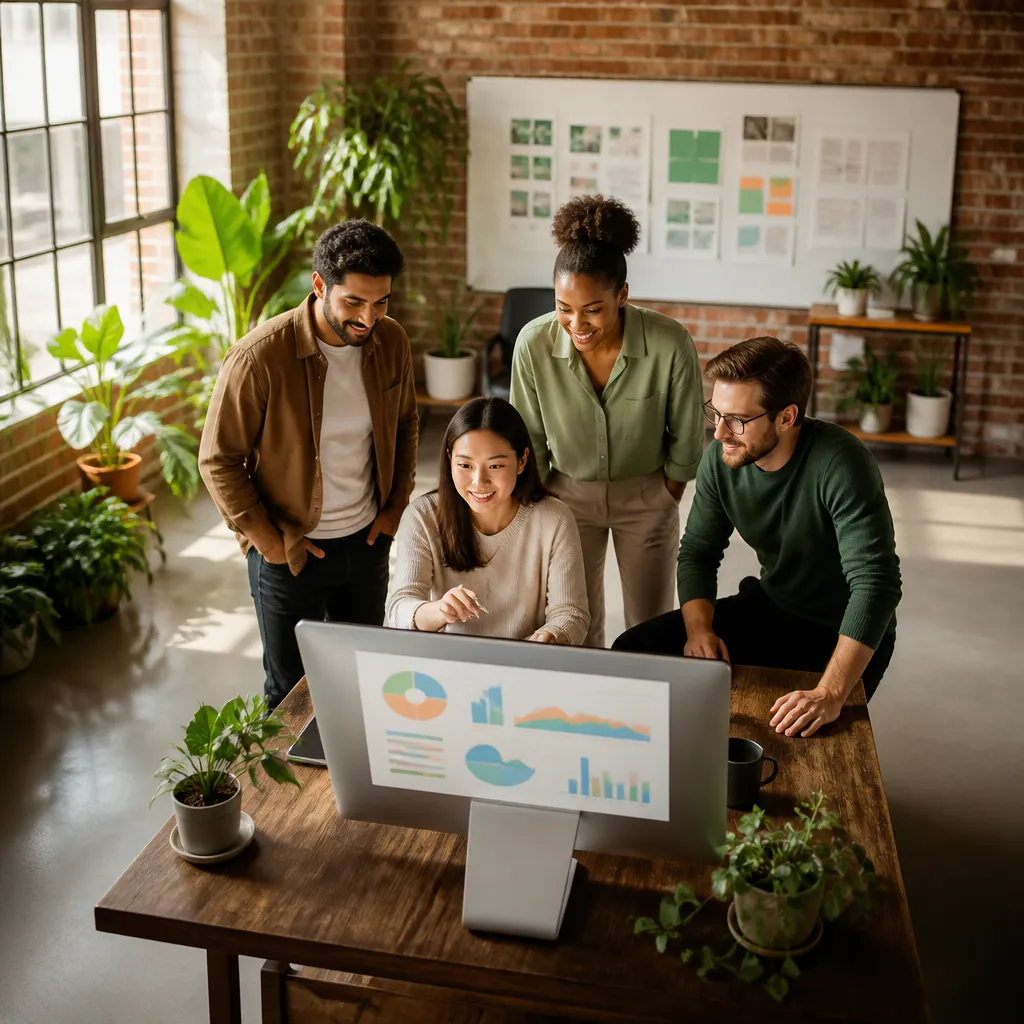 Thribewave team collaborating around a growth analytics dashboard