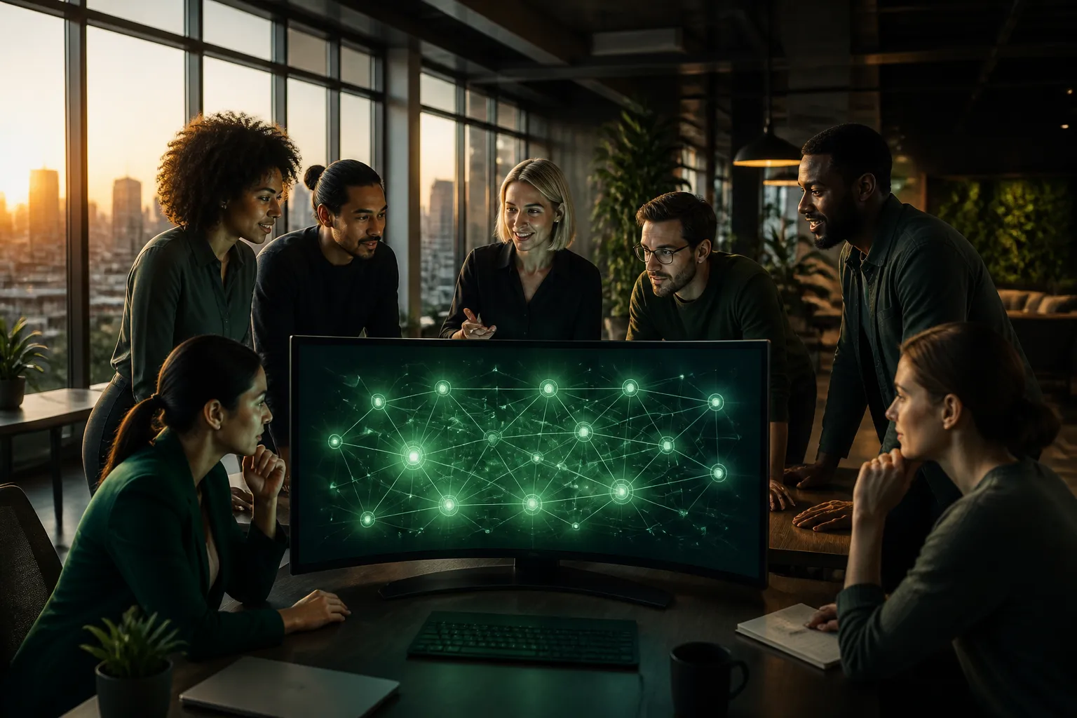 Thribewave team reviewing an AI Growth Ecosystem strategy for a client